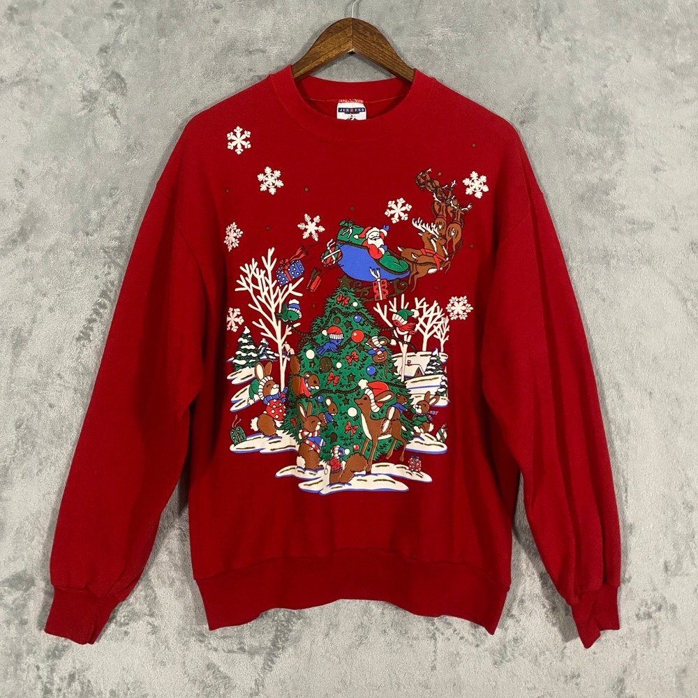 Jerzees Sweatshirt Sz L Red Christmas Santa Tree Graphic Grandma Festive Holiday